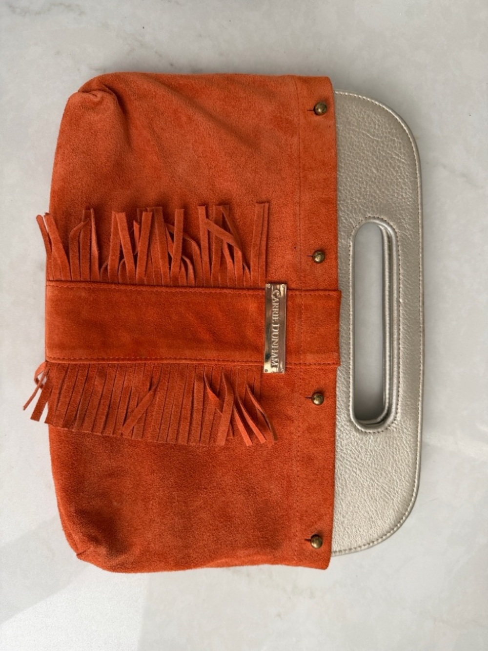 Carrie Dunham Metallic Clutch Base & Interchangeable Orange Suede Fringe Cover